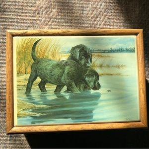 Art Deco Vintage Tara Moore Jewelry/ Trinket Box; Lab Pups & Water Bug"